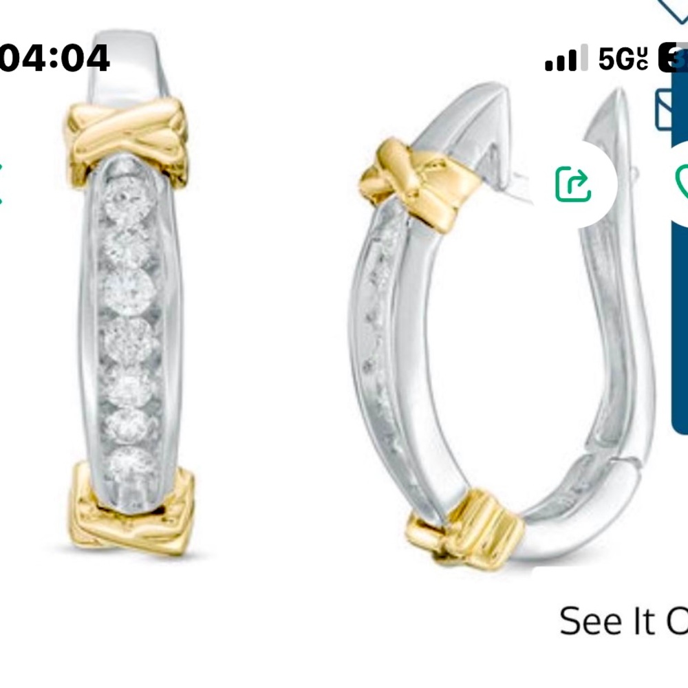 Beautiful 1/2 CT. T.W. Diamond "X" Collar Hoop Earrings in 10K Two-Tone Gold.